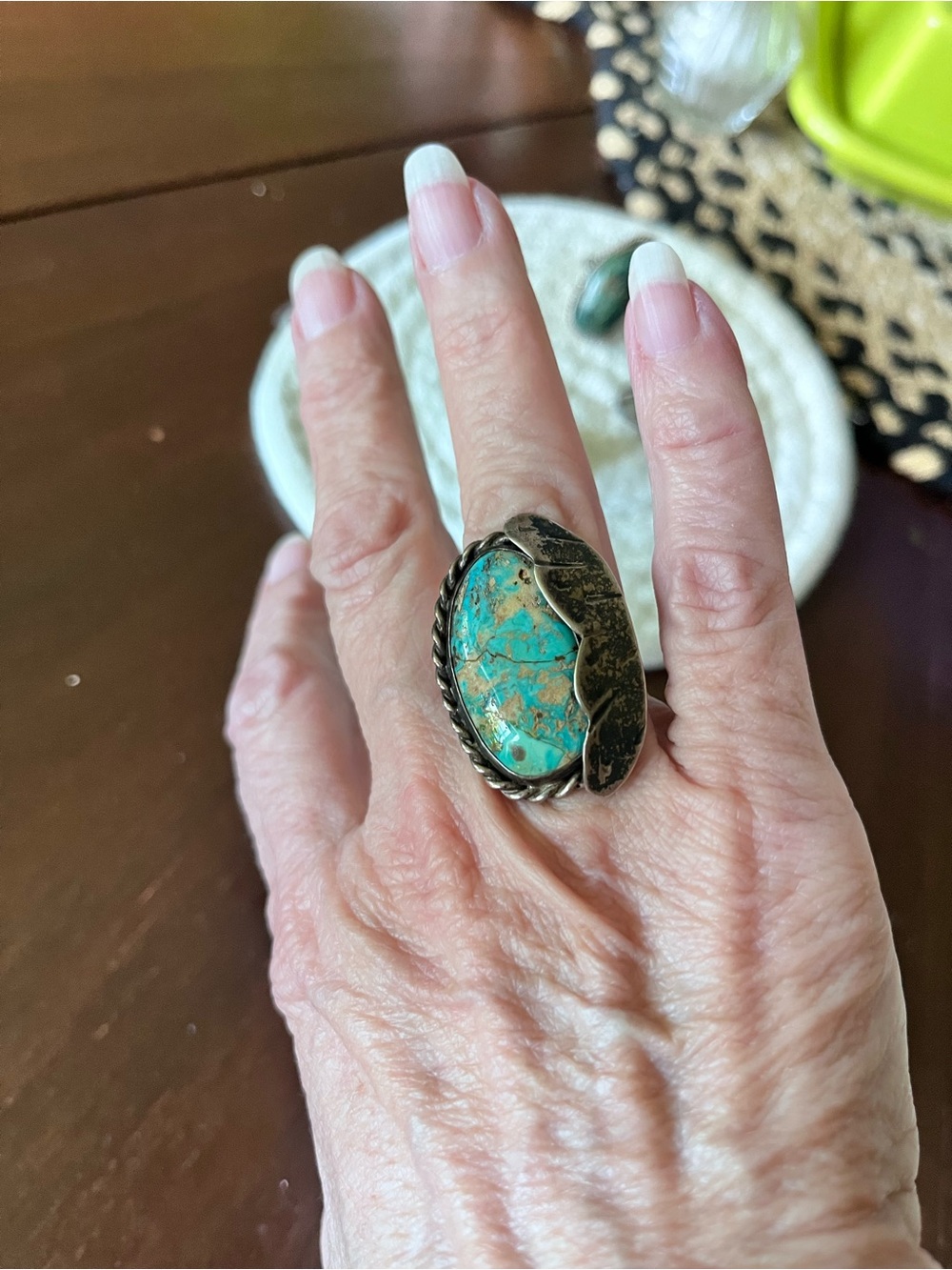 Turquoise Stone Silver Leaf Statement Ring - Blue Green
